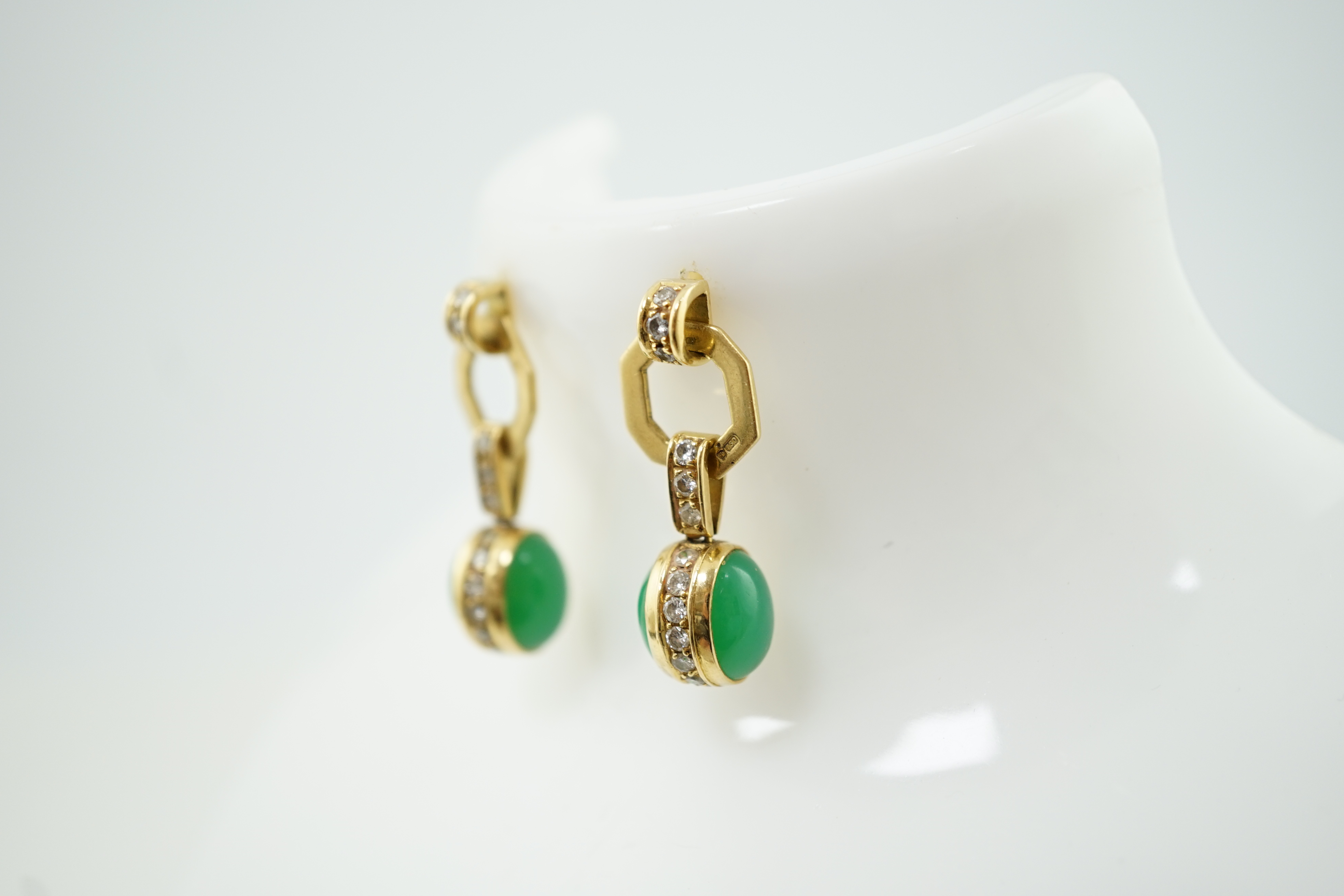 A modern pair of 18ct gold, cabochon jadeite diamond cluster set drop earrings